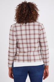 Model Anucia wearing size 14 of The Classic Check Blazer in colour Fawncheck, from the back