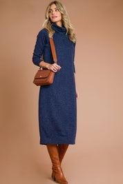 Model Alice wearing size 10 of The High Neck Maxi Dress in colour Navymarle (Blue), from the front, showing the whole outfit