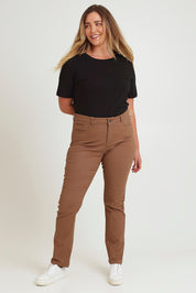 Model Chanel wearing size 16 of The Stretch Coloured Denim Jean in colour Mushroom, from the front, showing the whole outfit