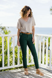 Model Emma wearing size 10 of The Stretch Coloured Denim Jean in colour Peacock (Blue), from the front, showing the whole outfit