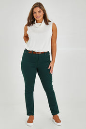Model Monique wearing size 14 of The Stretch Coloured Denim Jean in colour Peacock (Blue), from the front, showing the whole outfit