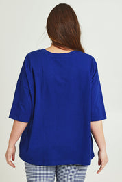 Model Jane wearing size 14 of The Keepers Elbow Length Tee in colour Frenchblue (Blue), from the back