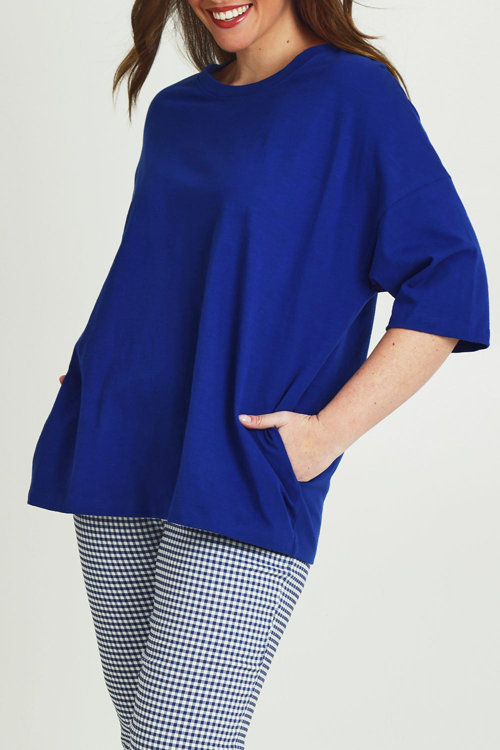Model Jane wearing size 14 of The Keepers Elbow Length Tee in colour Frenchblue (Blue), from the front, cropped image