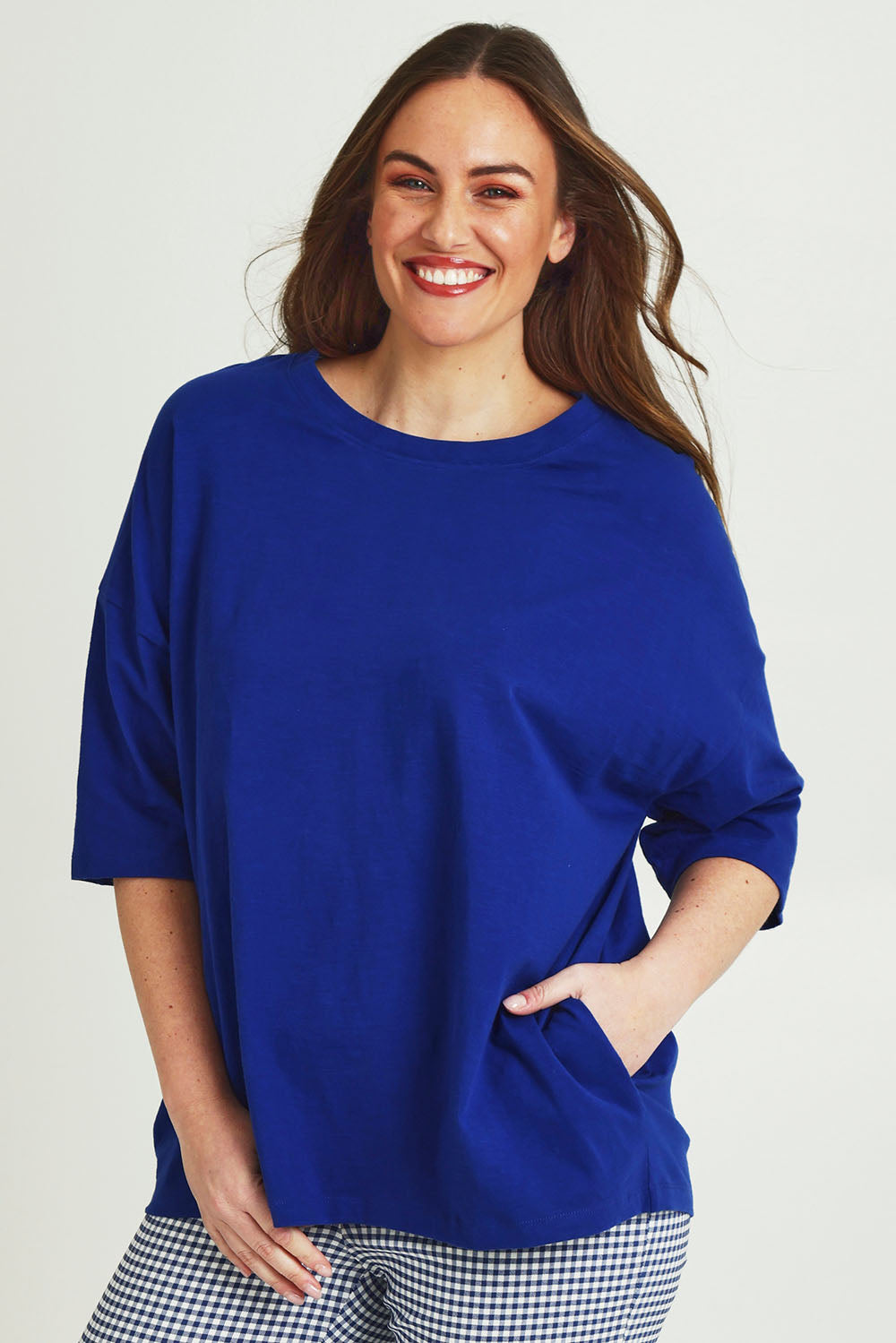 Model Jane wearing size 14 of The Keepers Elbow Length Tee in colour Frenchblue (Blue), from the front, cropped image
