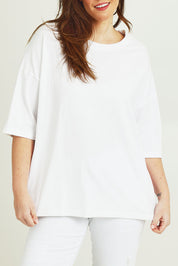 Model Jane wearing size 14 of The Keepers Elbow Length Tee in colour White (White), from the front, cropped image