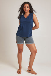 Model Terri-Leigh wearing size 14 of The Keepers Cotton Tank in colour Frenchblue (Blue), from the front, showing the whole outfit