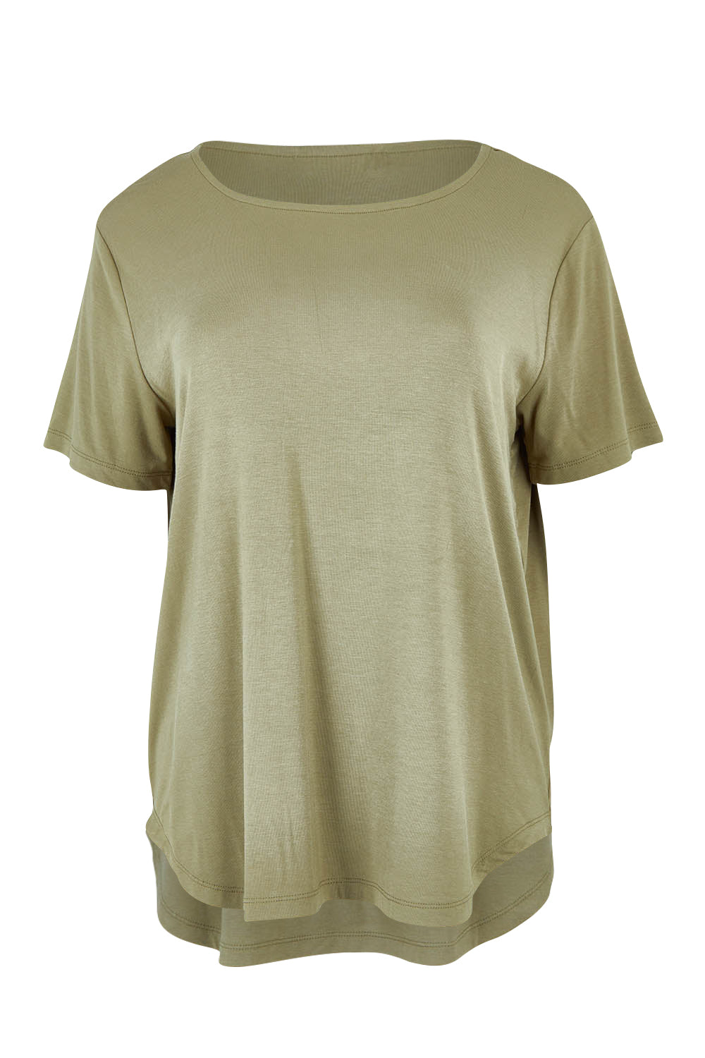 Product shot of The Bamboo Curved Hem Tee in colour Khaki (Green), from the front