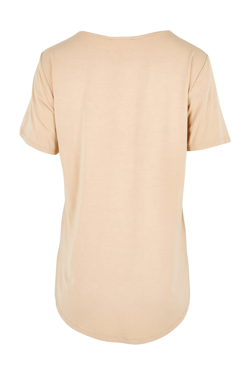 Product shot of the The Bamboo Curved Hem Tee – Almond in colour Almond, from the back
