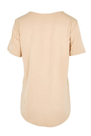 Product shot of the The Bamboo Curved Hem Tee – Almond in colour Almond, from the back