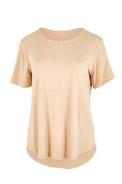 Product shot of the The Bamboo Curved Hem Tee – Almond in colour Almond, from the front
