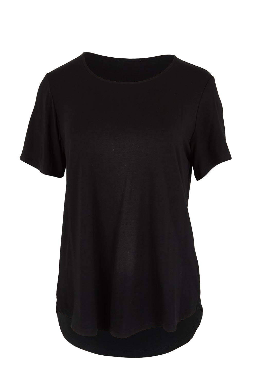 Product shot of the The Bamboo Curved Hem Tee – Black in colour Black, from the front