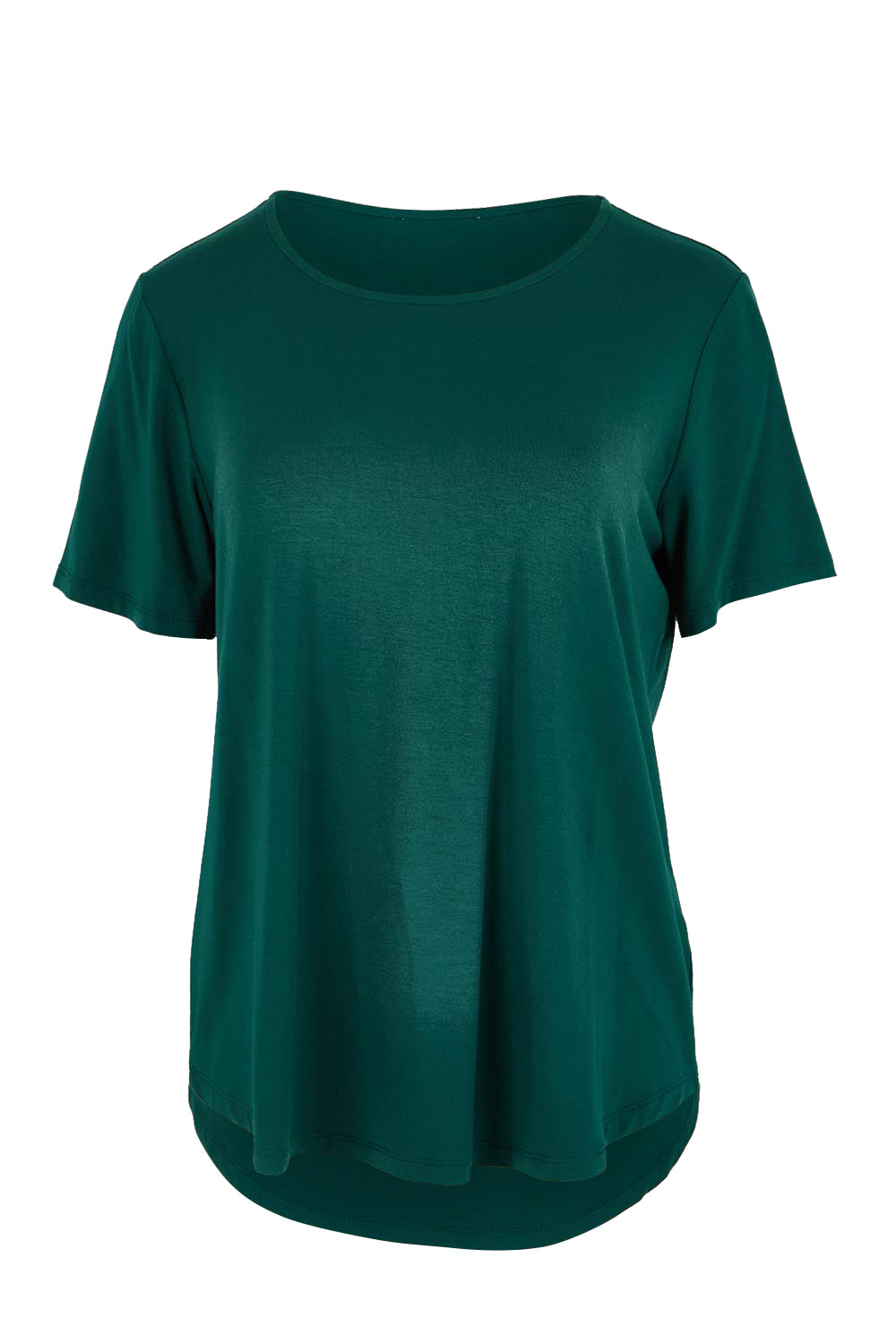 Product shot of the The Bamboo Curved Hem Tee – Forest in colour Forest, from the front