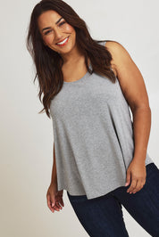 Model Ashleigh wearing size 16 of The Bamboo Crew Neck Swing Tank in colour Greymarle (Grey), from the front, cropped image