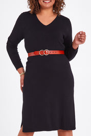 Model Anucia wearing size L of The Transeasonal Knit Dress in colour Black (Black), from the front, cropped image
