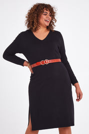 Model Anucia wearing size L of The Transeasonal Knit Dress in colour Black (Black), from the front, cropped image