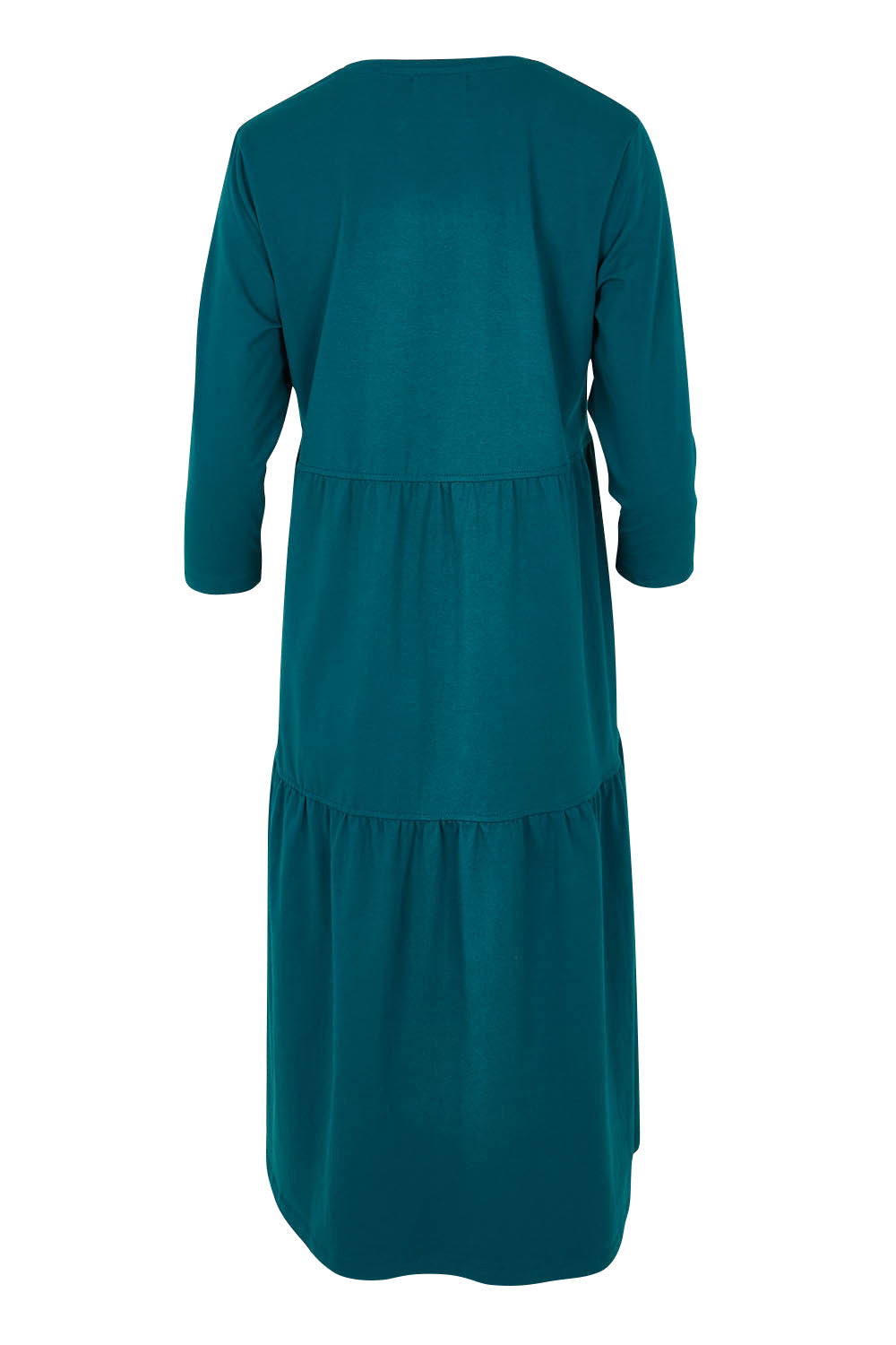 Product shot of The 3/4 Sleeve Tiered Jersey Dress in colour Deepgreen (Green), from the back