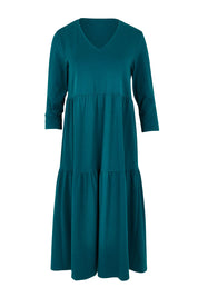 Product shot of The 3/4 Sleeve Tiered Jersey Dress in colour Deepgreen (Green), from the front