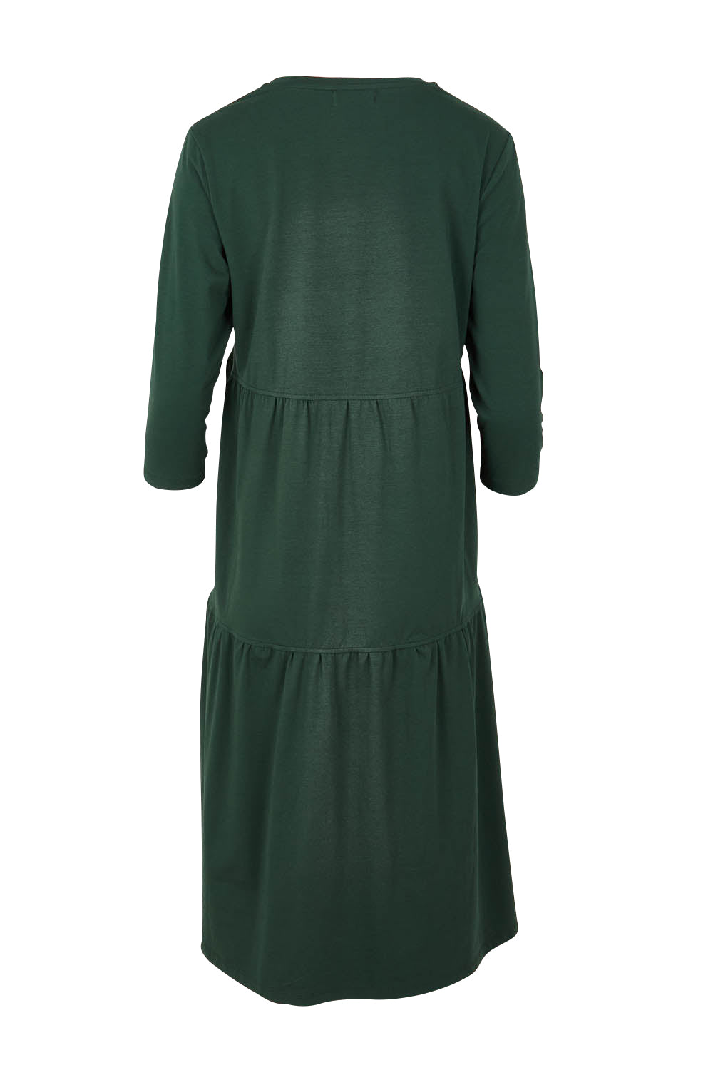 Product shot of The 3/4 Sleeve Tiered Jersey Dress in colour Thymegreen (Green), from the back