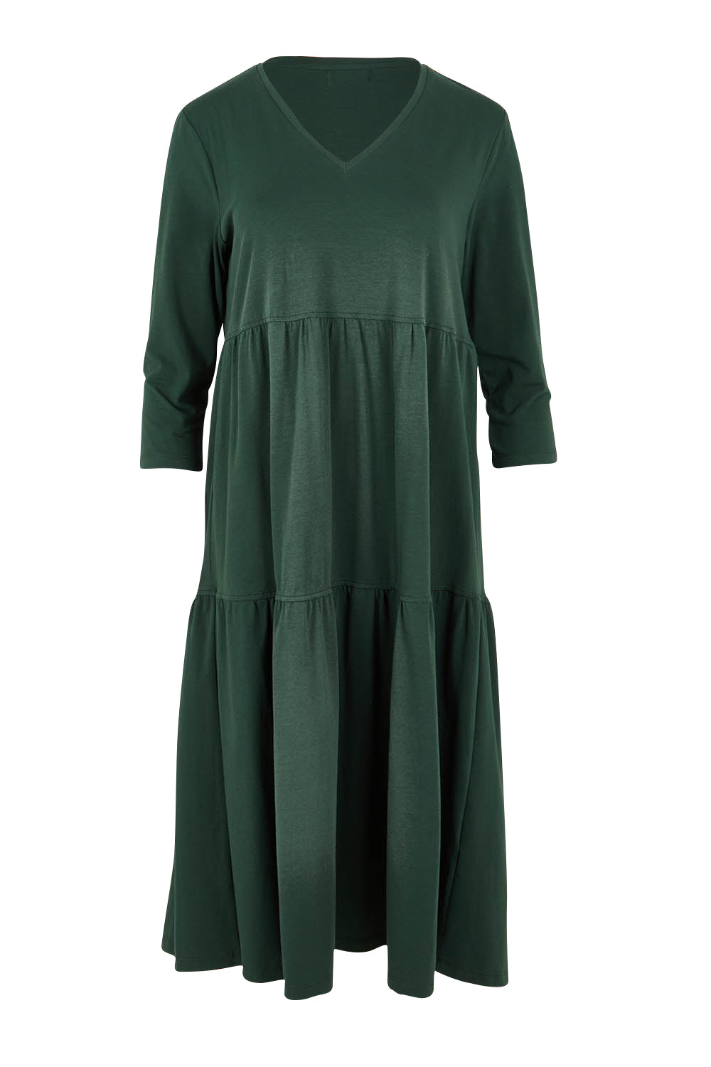 Product shot of The 3/4 Sleeve Tiered Jersey Dress in colour Thymegreen (Green), from the front