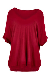 Product shot of The Relaxed V Neck Knit Tee in colour Raspberry (Red), from the front