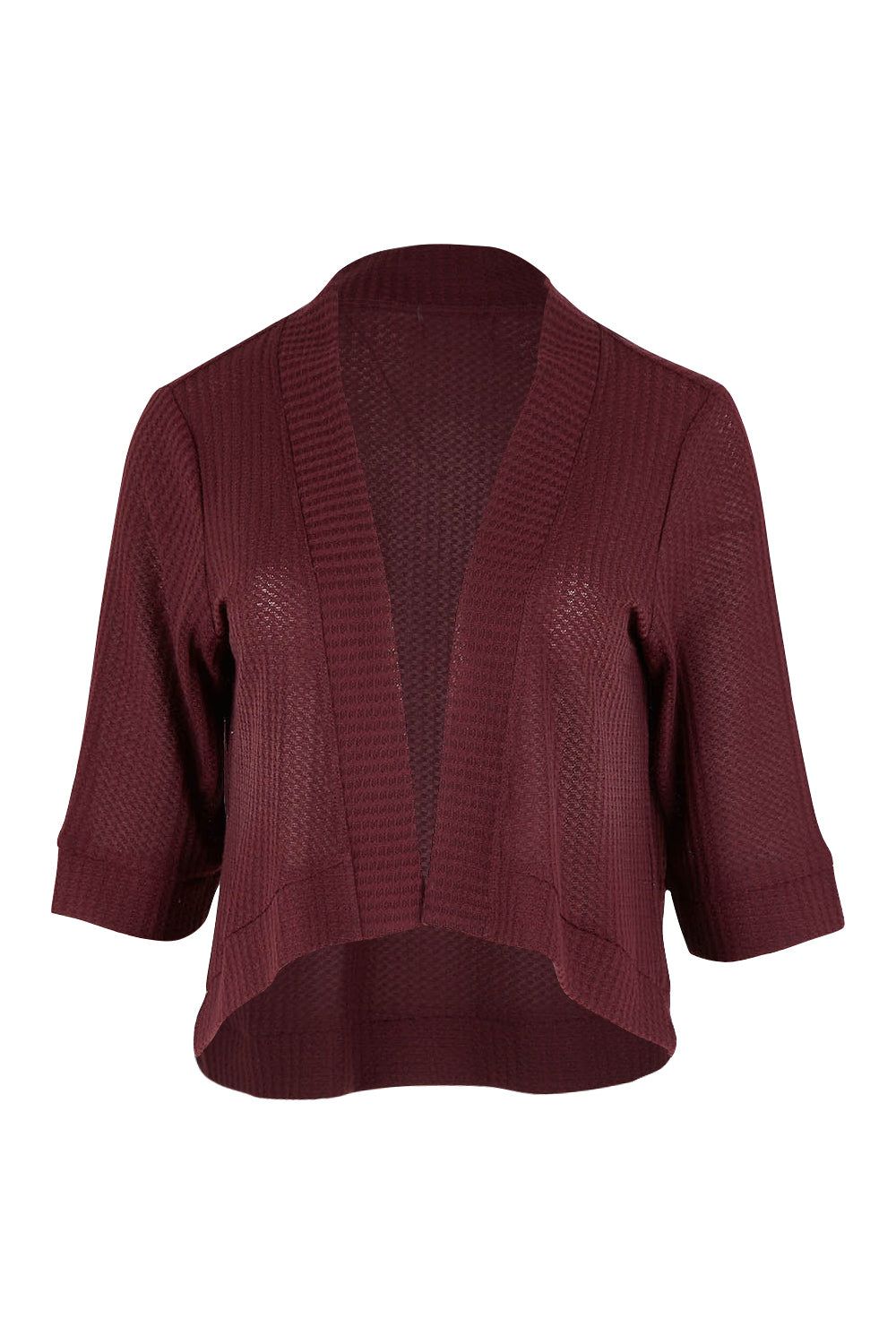 Product shot of The Textured Shrug in colour Mulberry (Purple), from the front