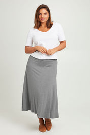 Model Monique wearing size 14 of The Fit & Flare Summer Skirt in colour Greymarle (Grey), from the front, showing the whole outfit