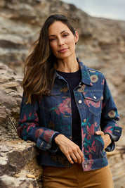 Model Amanda wearing size 10 of The Keepers Printed Denim Jacket in colour Redfloral (Blue), from the front, showing the whole outfit