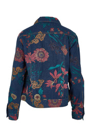 Product shot of The Keepers Printed Denim Jacket in colour Redfloral (Blue), from the back