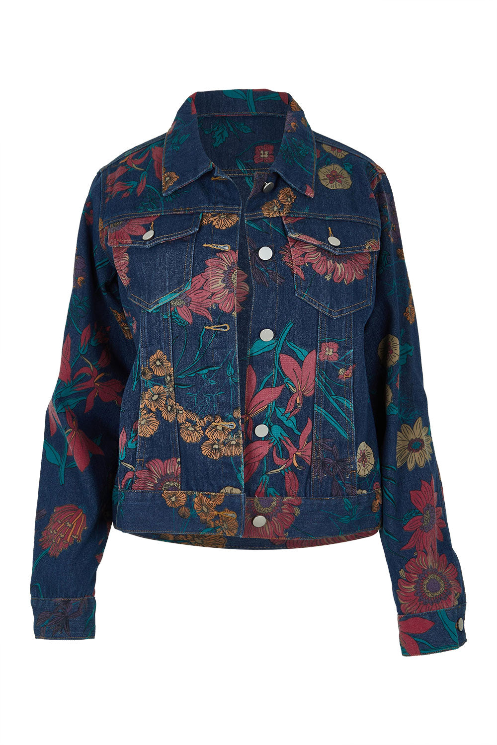 Product shot of The Keepers Printed Denim Jacket in colour Redfloral (Blue), from the front