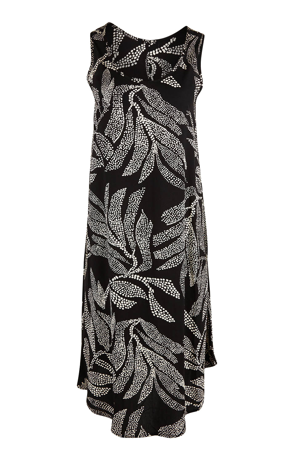 Product shot of The Printed High Low Dress in colour Blackwhite (Black), from the front