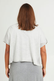 Model Monique wearing size L of The Short Sleeve Shrug in colour Greymarle (Grey), from the back