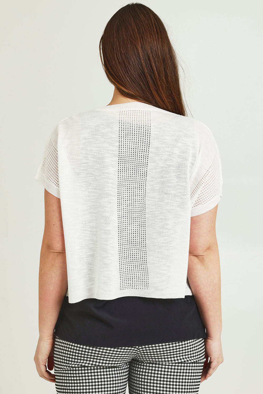 Model Jane wearing size L of The Short Sleeve Shrug in colour White (White), from the back