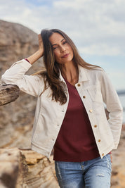 Model Amanda wearing size 10 of The Keepers Cord Jacket in colour Wintersnow (White), from the front, showing the whole outfit