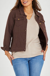 Model Monique wearing size 14 of The Slim Fit Denim Jacket in colour Chocolate, from the front, cropped image