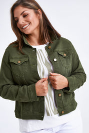 Model Monique wearing size 14 of The Slim Fit Denim Jacket in colour Khaki (Green), from the front, cropped image