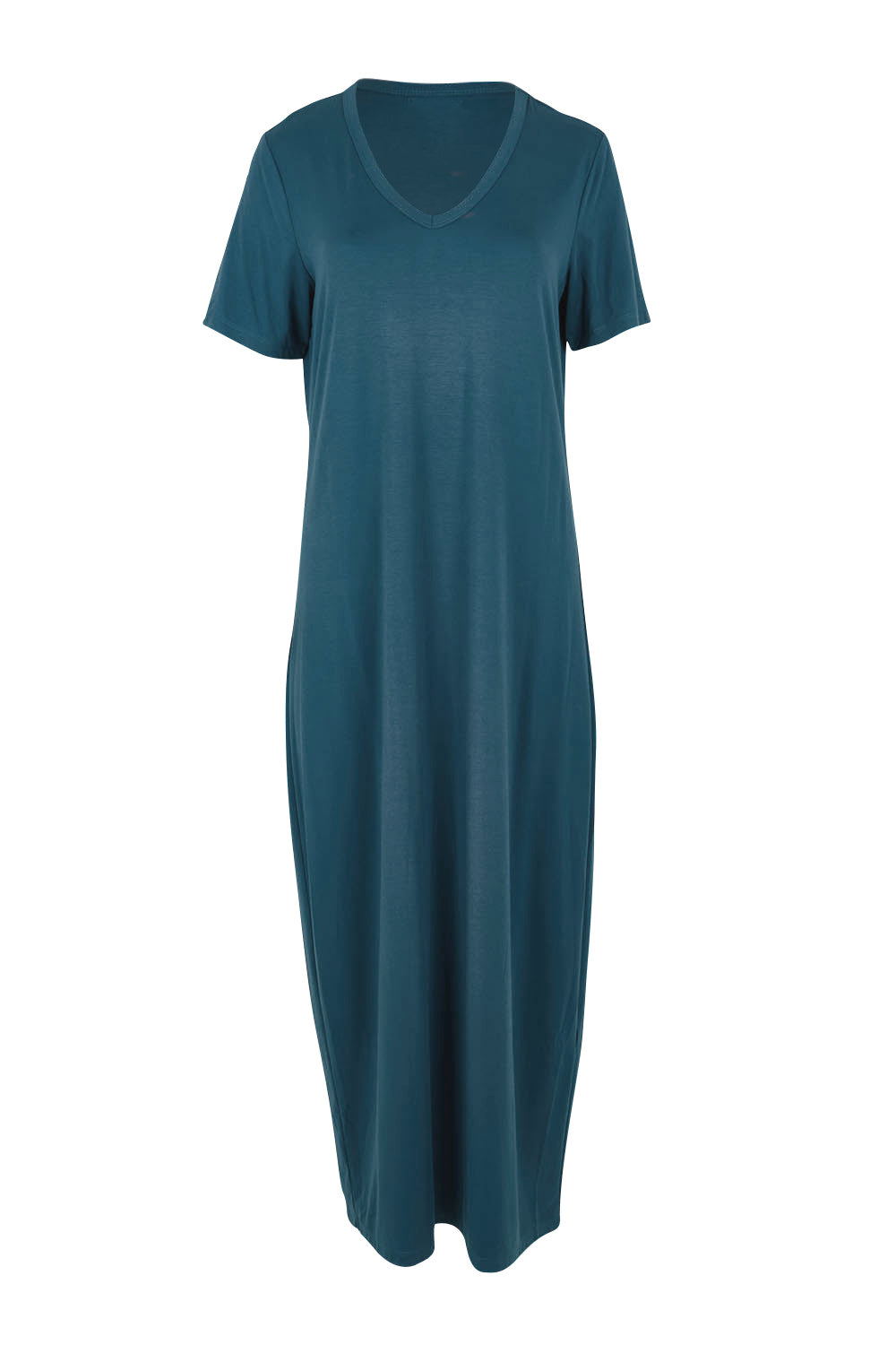 Product shot of The V Neck Bamboo Maxi Dress in colour Oceanblue (Blue), from the front