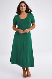 Model Monique wearing size 14 of The Summer Fit & Flare S/S Dress in colour Seagreen (Green), from the front, showing the whole outfit