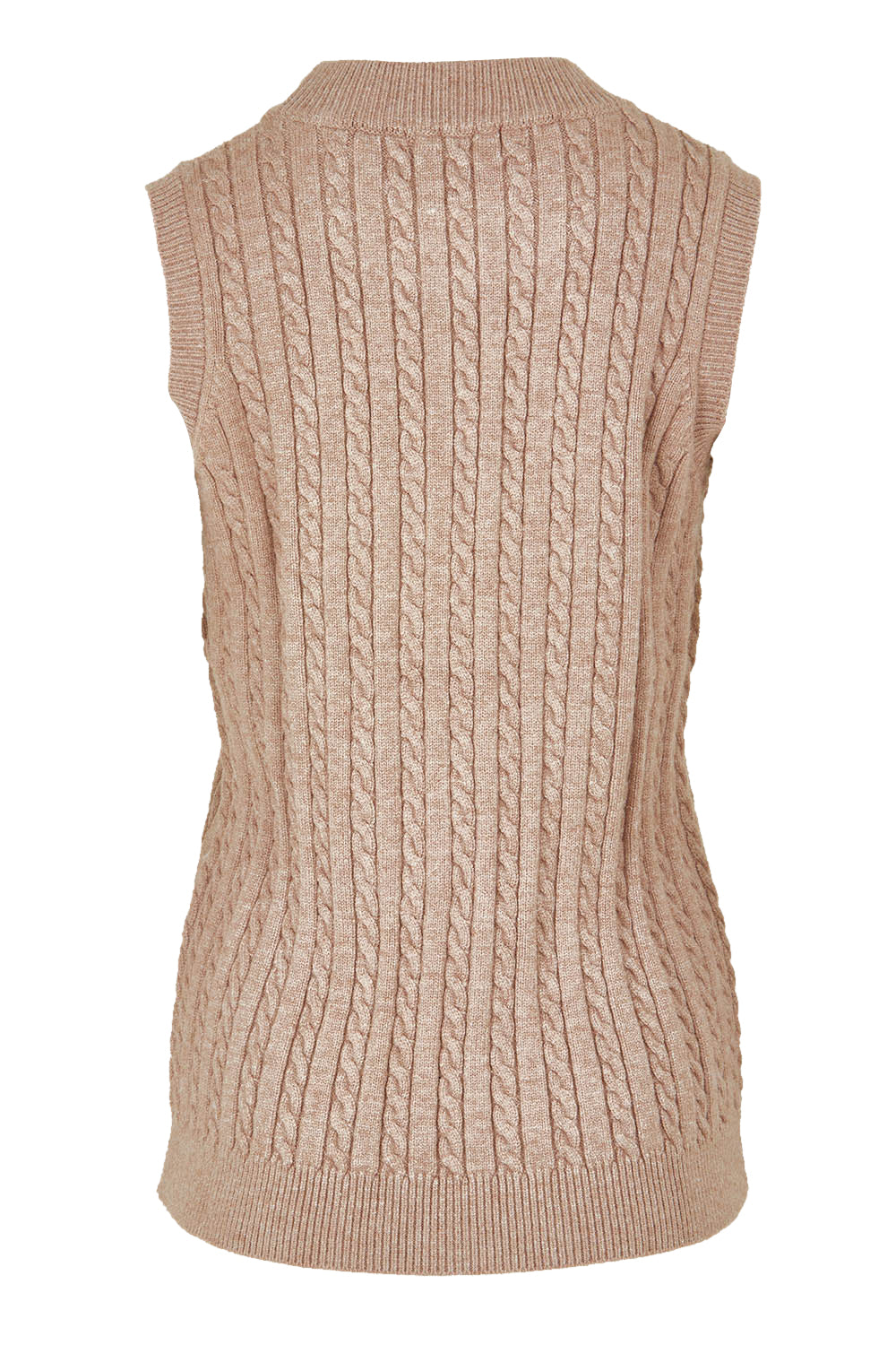 Product shot of The Soft Sleeveless Cable Knit Jumper in colour Capuccino, from the back