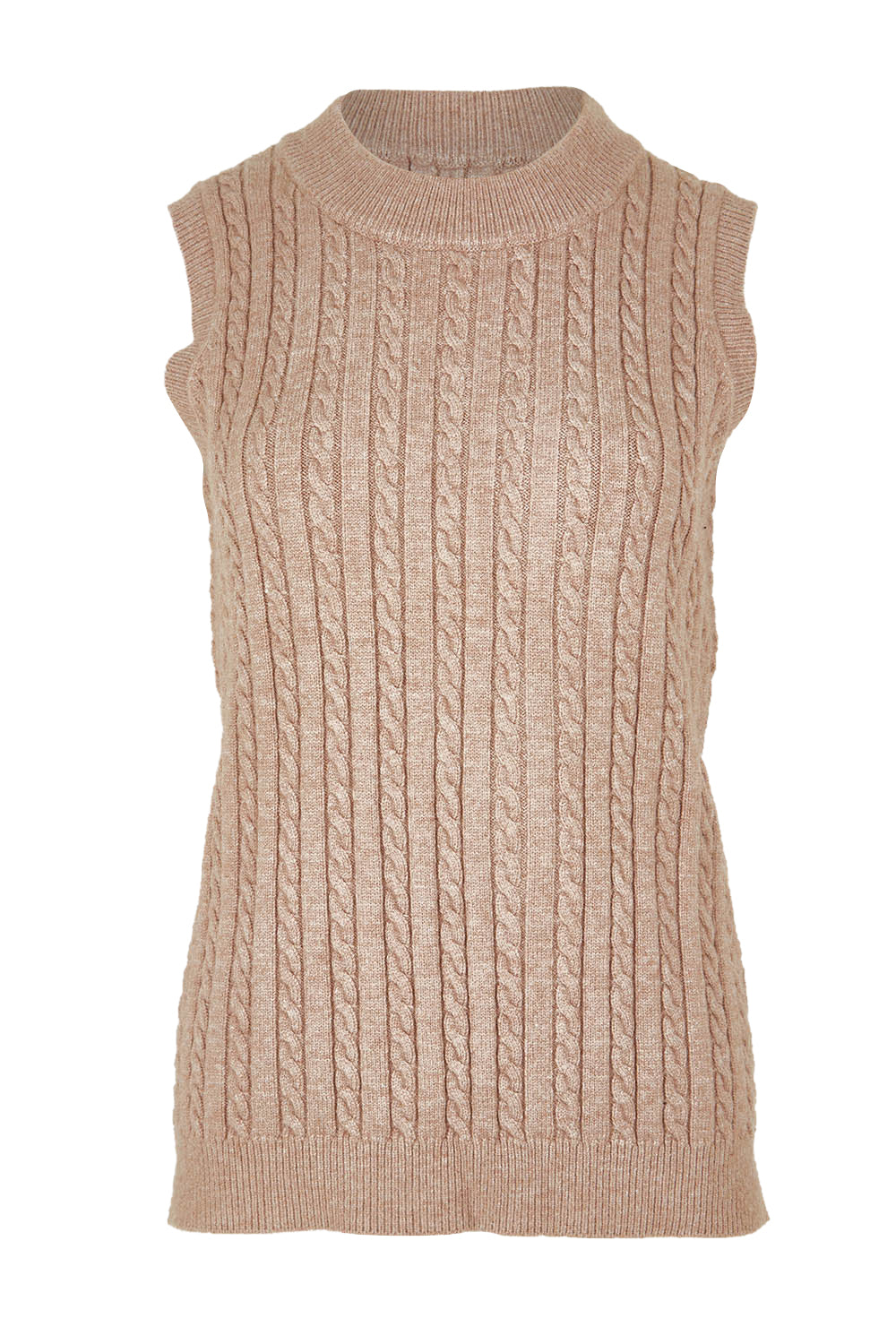 Product shot of The Soft Sleeveless Cable Knit Jumper in colour Capuccino, from the front