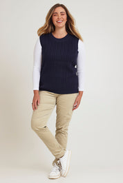 Model Chanel wearing size XL of The Soft Sleeveless Cable Knit Jumper in colour Richnavy (Blue), from the front, showing the whole outfit