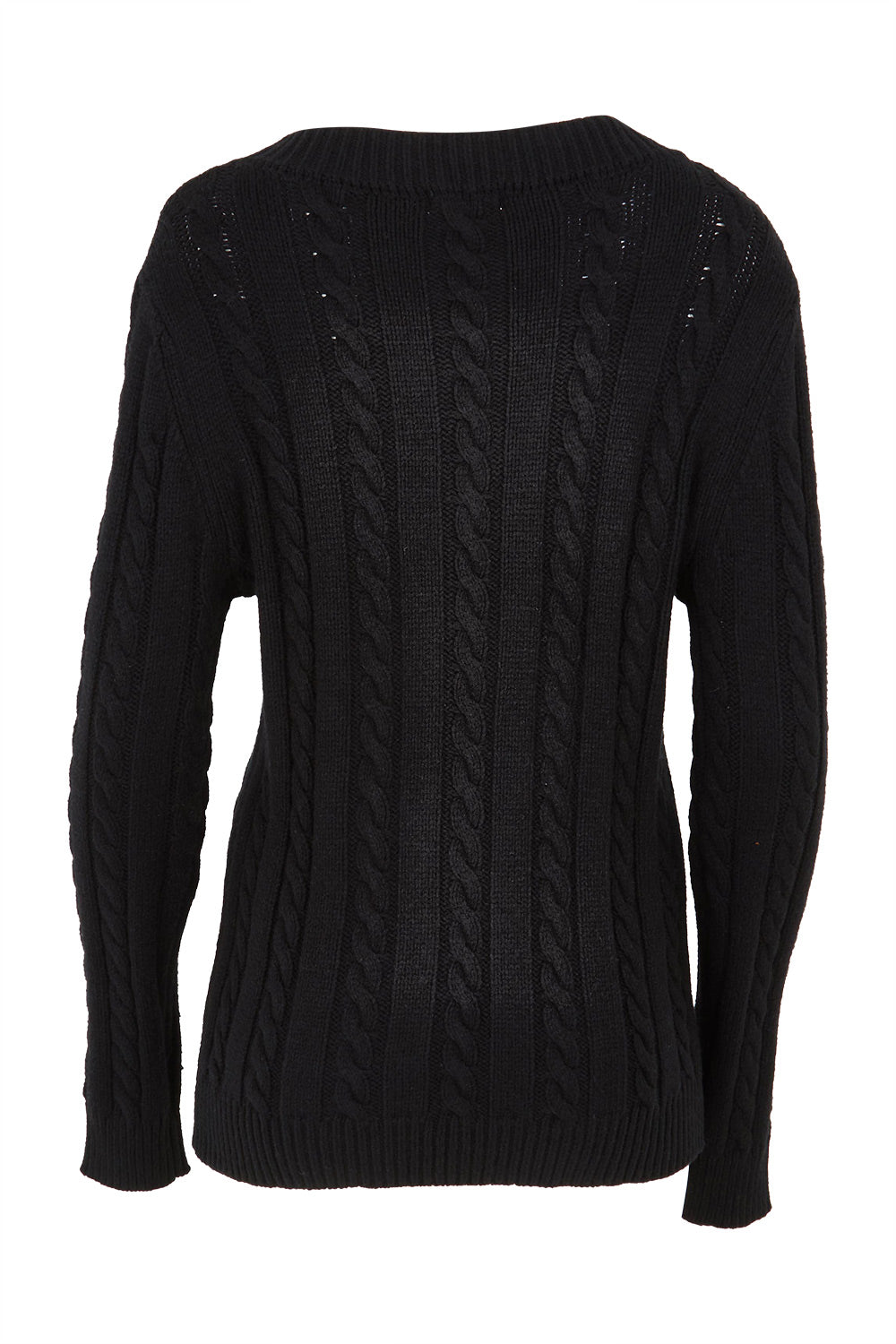 Product shot of The V Neck Cable Knit Jumper in colour Black (Black), from the back