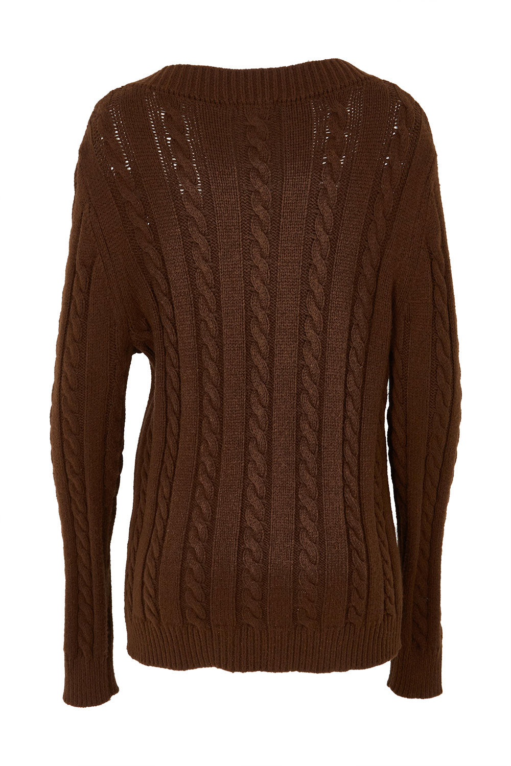 Product shot of The V Neck Cable Knit Jumper in colour Coffeebean, from the back