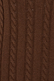 Product shot of The V Neck Cable Knit Jumper in colour Coffeebean, detail