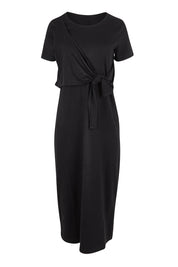 Product shot of The Short Sleeve Side Tie Tee Dress in colour Black (Black), from the front