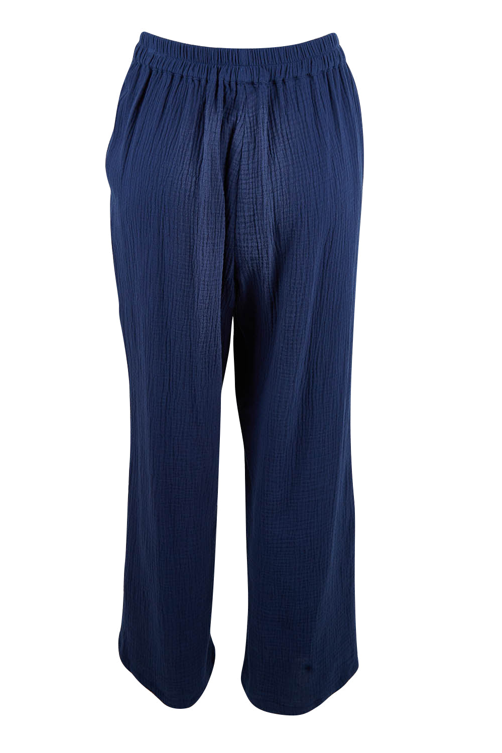Product shot of The Double Cotton Pull On Pant in colour Navy (Blue), from the back