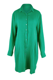 Product shot of The Double Cotton Long Overshirt in colour Emerald (Green), from the front