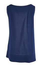 Product shot of The Double Cotton V Tank in colour Navy (Blue), from the back