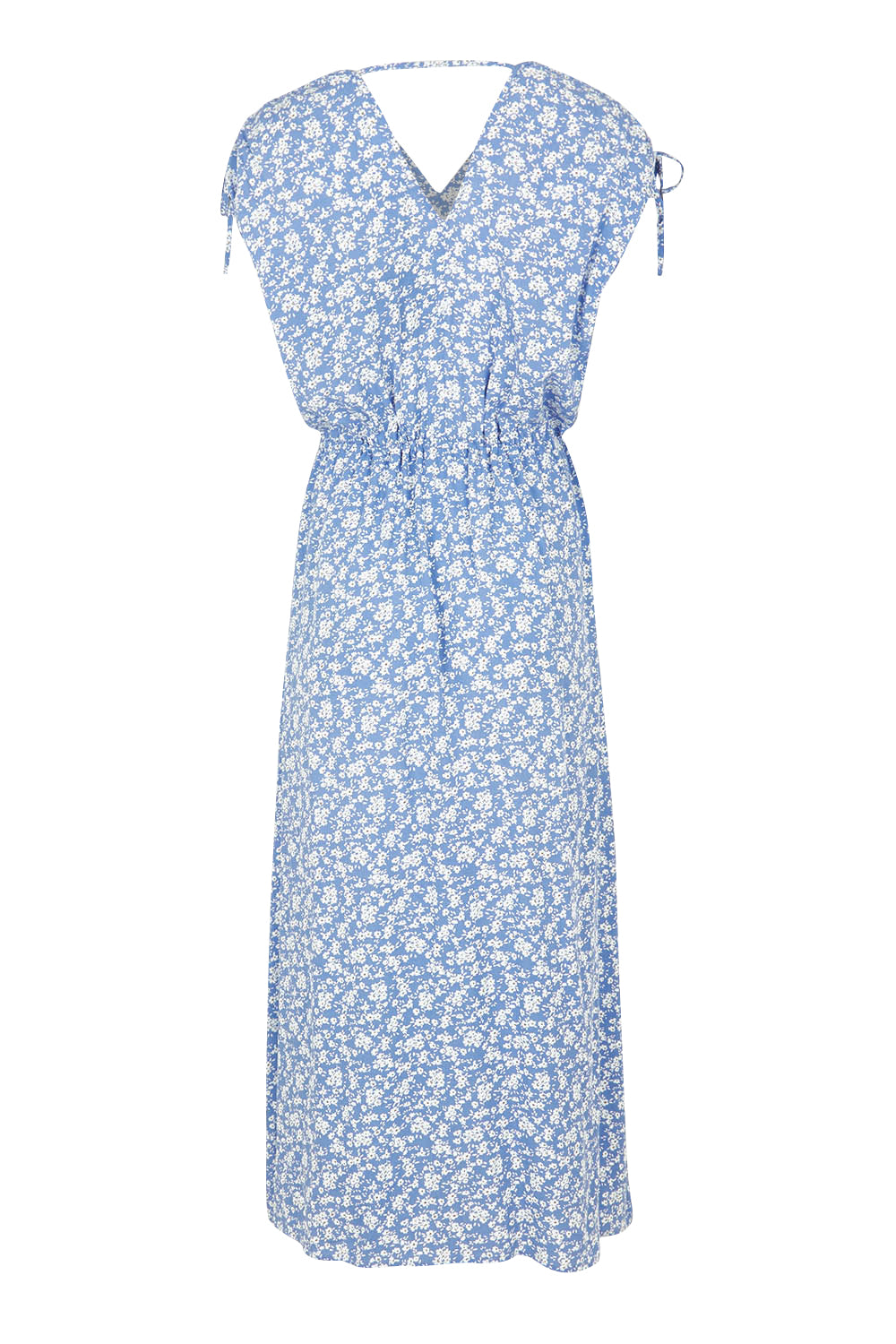 Product shot of The Drawstring Printed Maxi Dress in colour Wedgewood (Blue), from the back