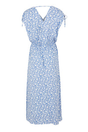 Product shot of The Drawstring Printed Maxi Dress in colour Wedgewood (Blue), from the back