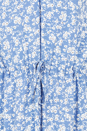 Product shot of The Drawstring Printed Maxi Dress in colour Wedgewood (Blue), detail